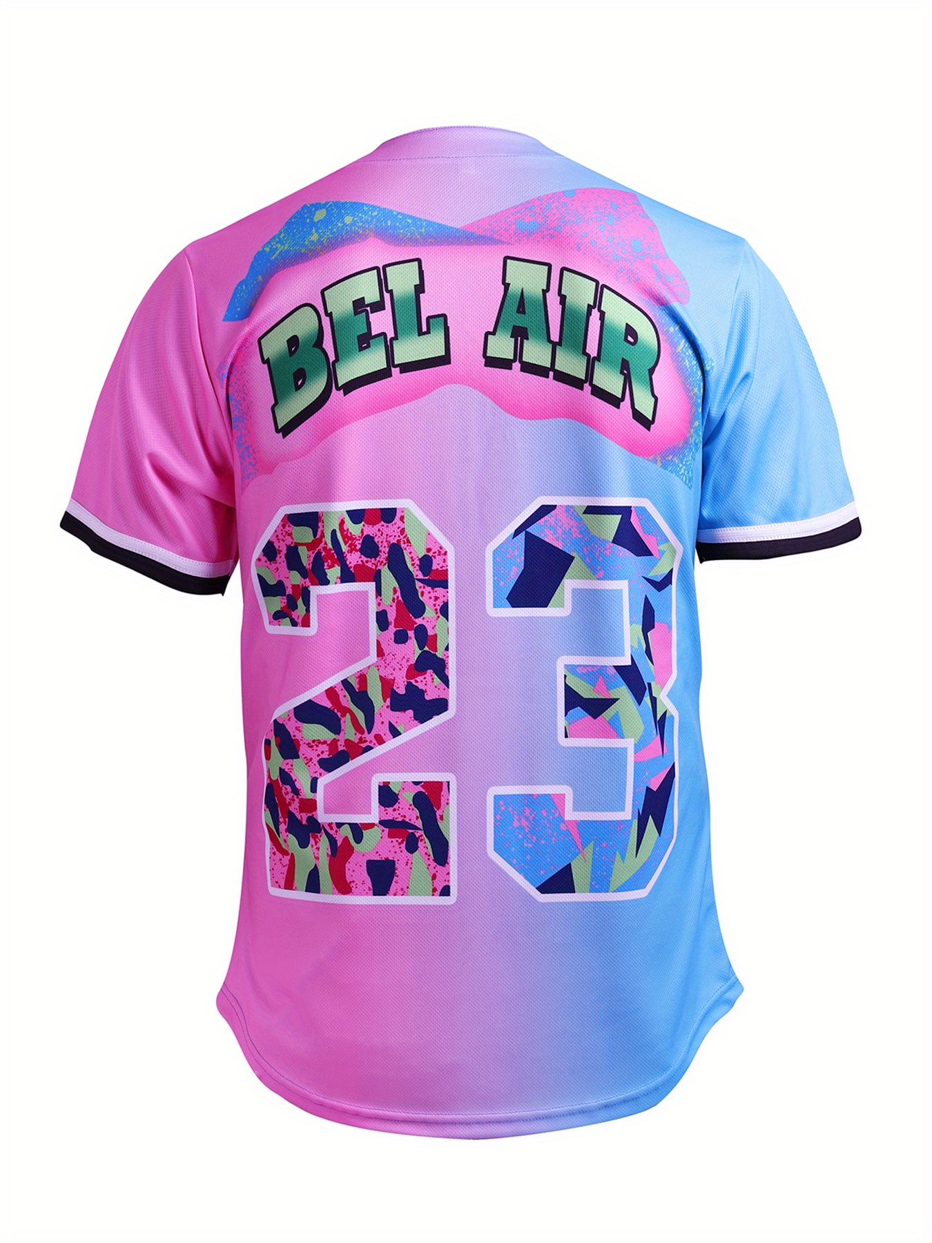 Temu Men's Bel Air #23 Baseball Jersey, 90's City Theme Party Clothing, Hip Hop Color Block Button Up Short Sleeve Shirt Suitable for Birthday Parties