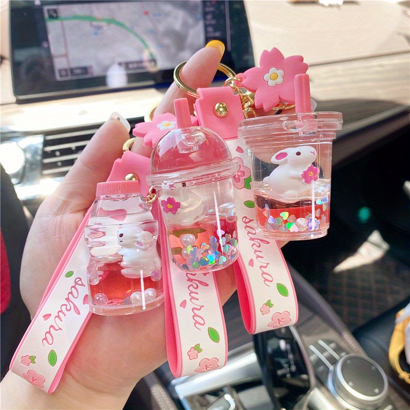 Cute Liquid Keychain Floating Cherry Bunny Milk Tea Cup Quicksand