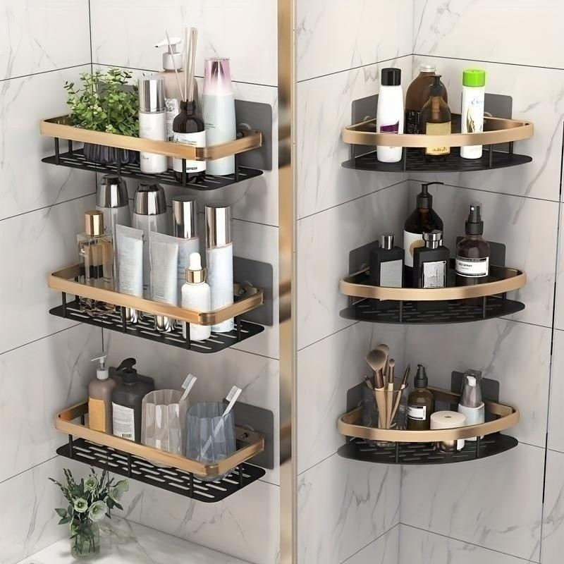 1pc Bathroom Wall-mounted Storage Rack, Luxury Style With No Drilling  Required, Shelves For Washbasin Accessories