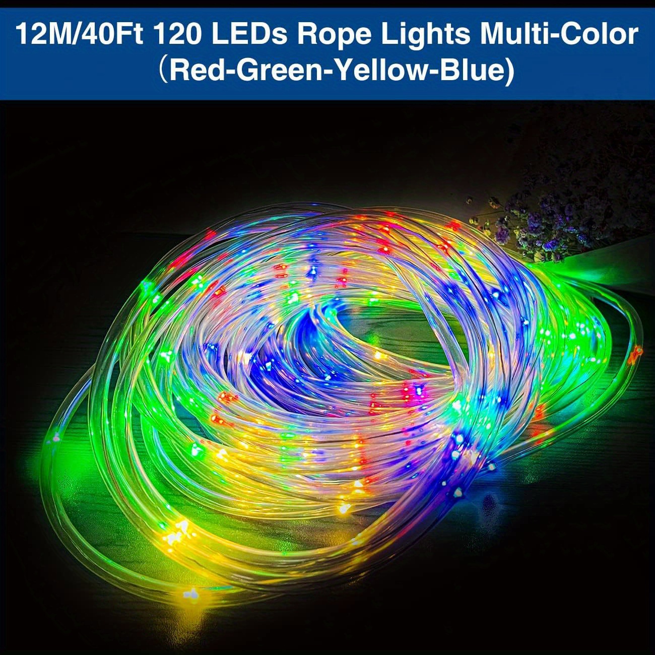 Camping Tent String Lights, 40ft 120 LEDs 8 Modes Color Changing LED Rope Lights Battery Powered with Remote Control, Outdoor Waterproof LED Tent