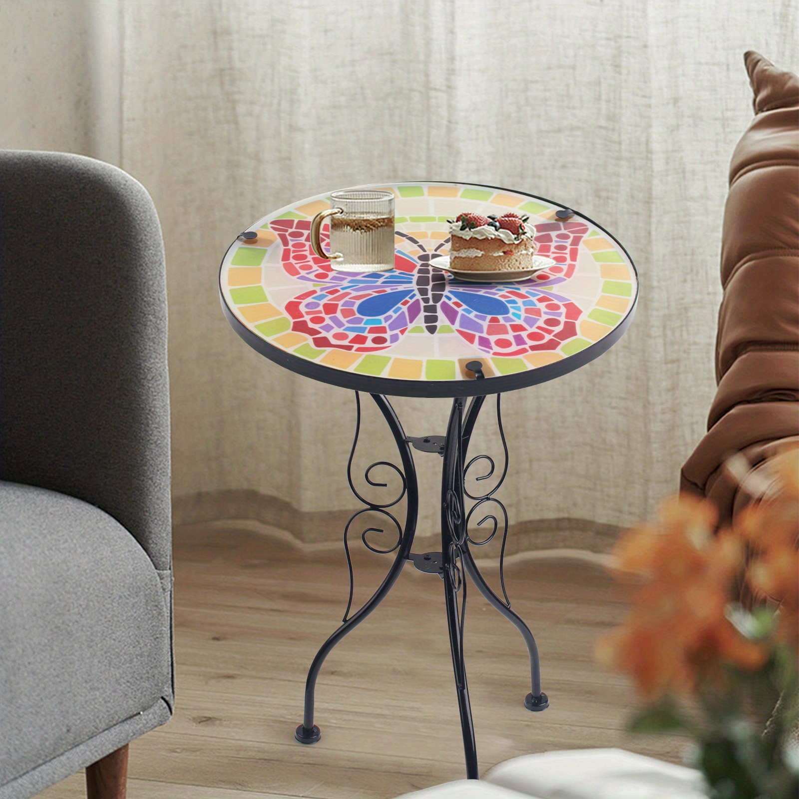 14" Outdoor Mosaic Round Patio Side Table,Small Bistro Coffee Table