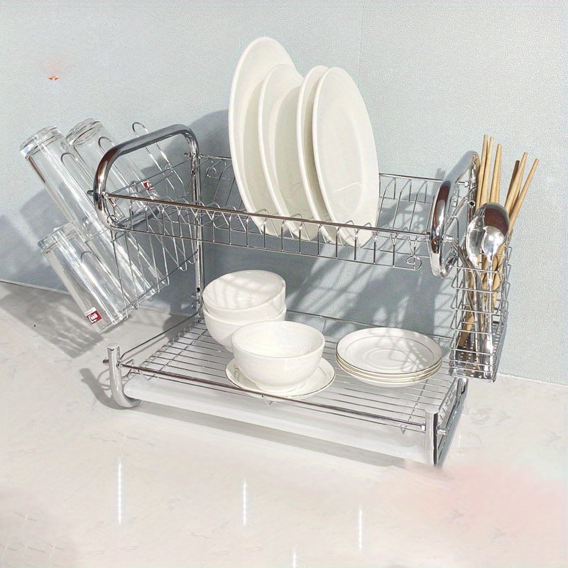 Dish Drying Rack For Kitchen Counter, 2-tier Rust-proof Dish Drying Rack  With Drain Board Hooks, Cutting Board Holder, Dish Rack For Kitchen Counter  With Utensil Holder, Kitchen Utensils, Apartment Essentials, College Dorm