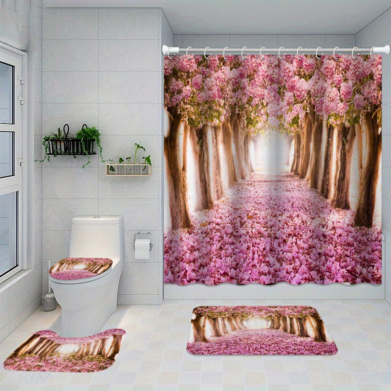 Bathroom Accessories Set Cherry Blossom Pink Black Shower Curtain