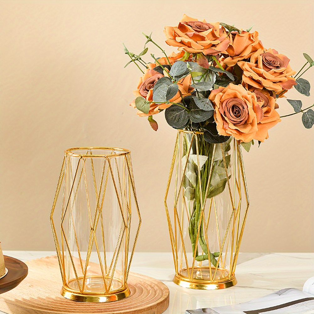 Golden Vase Decorations Living Room Glass Vase Metal Rack Temu
