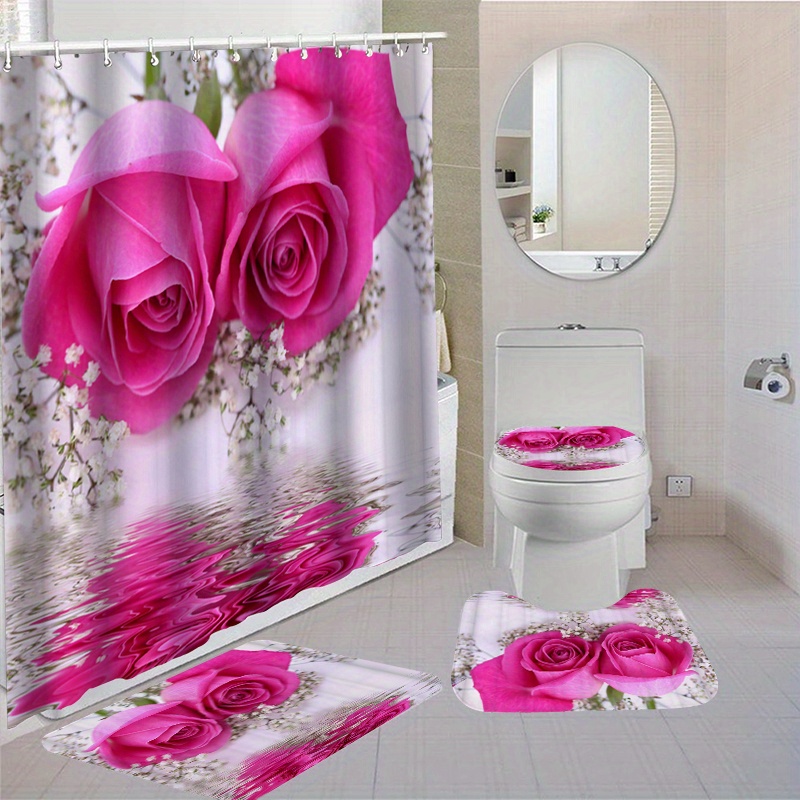 Bath Accessories Set Pink Flowers Shower Curtain Home Bath Decor