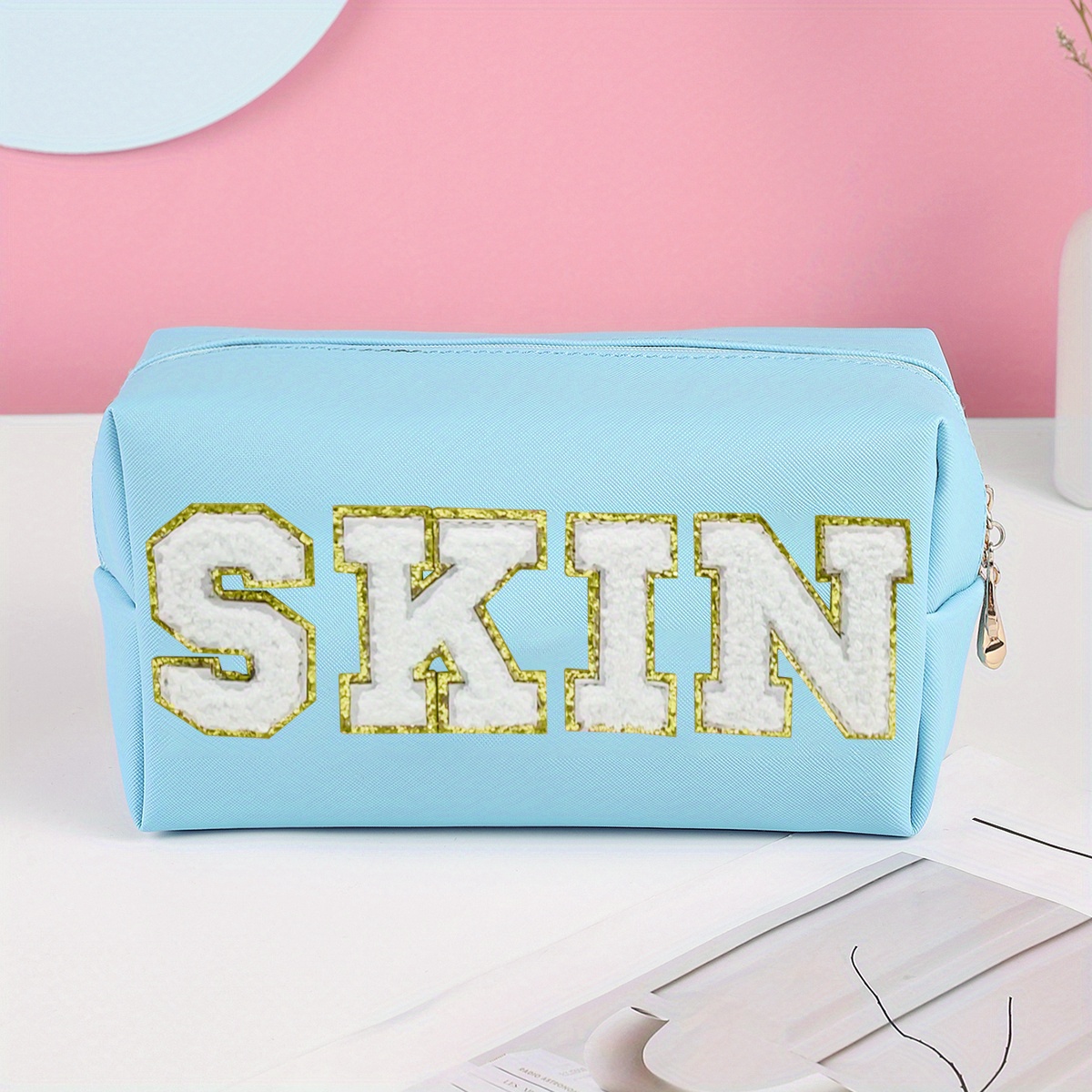 Waterproof Cosmetic Bag with Preppy Patch SKIN Letters - Y2K Aesthetic PU  Leather Toiletry Bag for Travel and Everyday Use – TweezerCo