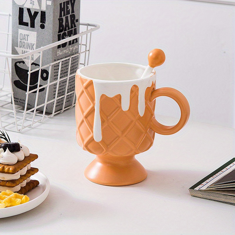 Ice Cream Cone Mug with Stirrer - Ceramic - Pink - Yellow - Orange