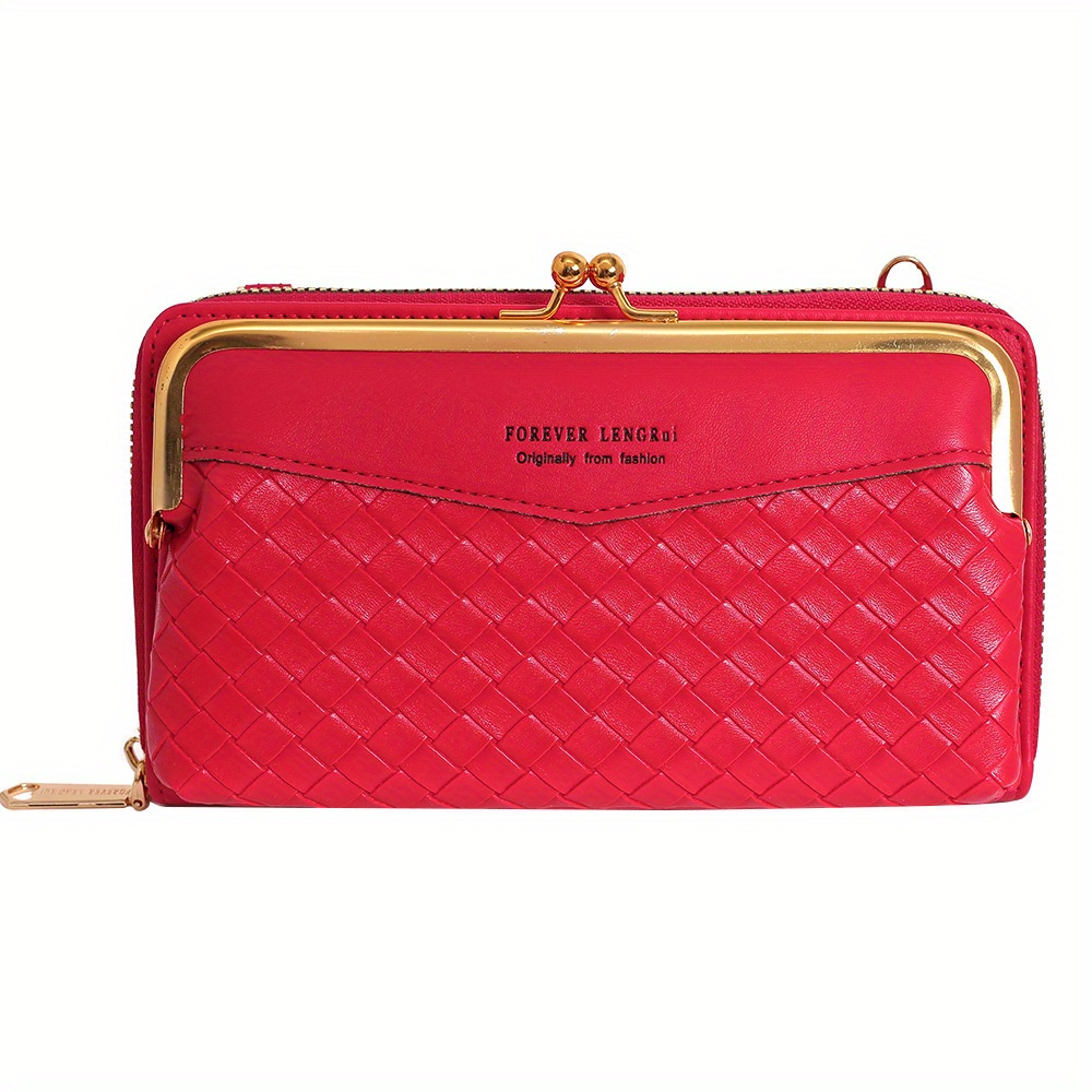 Women's Short Wallet Double Fold Retro Multifunctional Purse with Zipper  and Kiss Lock (Red) 