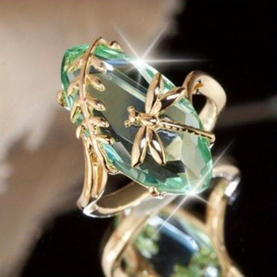 elegant ring 14k plated inlaid waterish zirconia in oval shape dainty dragonfly design perfect anniversary birthday gift for your love details 0