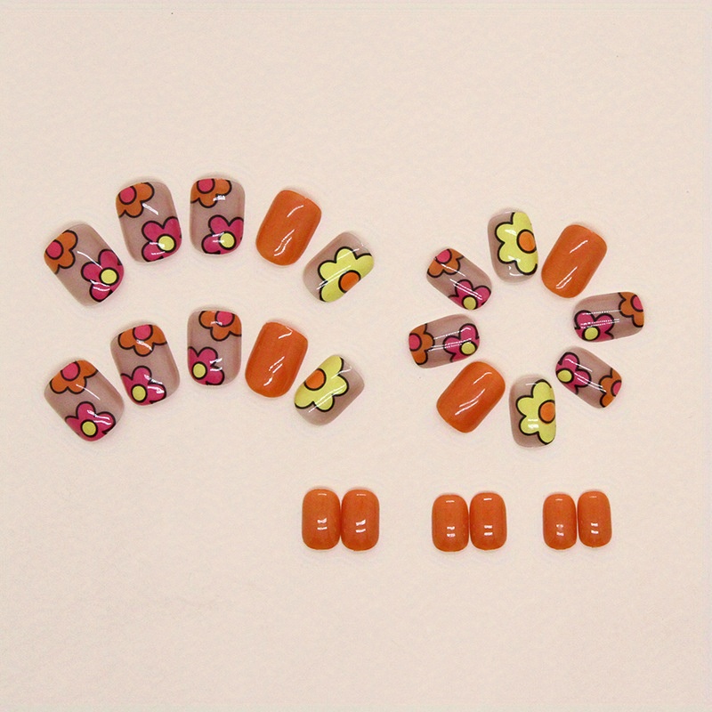 24pcs glossy short oval fake nails orange press on nails with cute colorful flower design full cover false nails for women girls daily wear for easter details 1