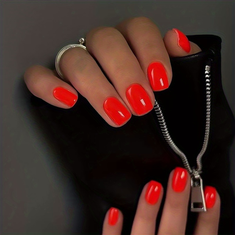 24pcs Orange Press On Nails Short, Square Fake Nails With Nail Glue, Glue On Nails False Nails For Women