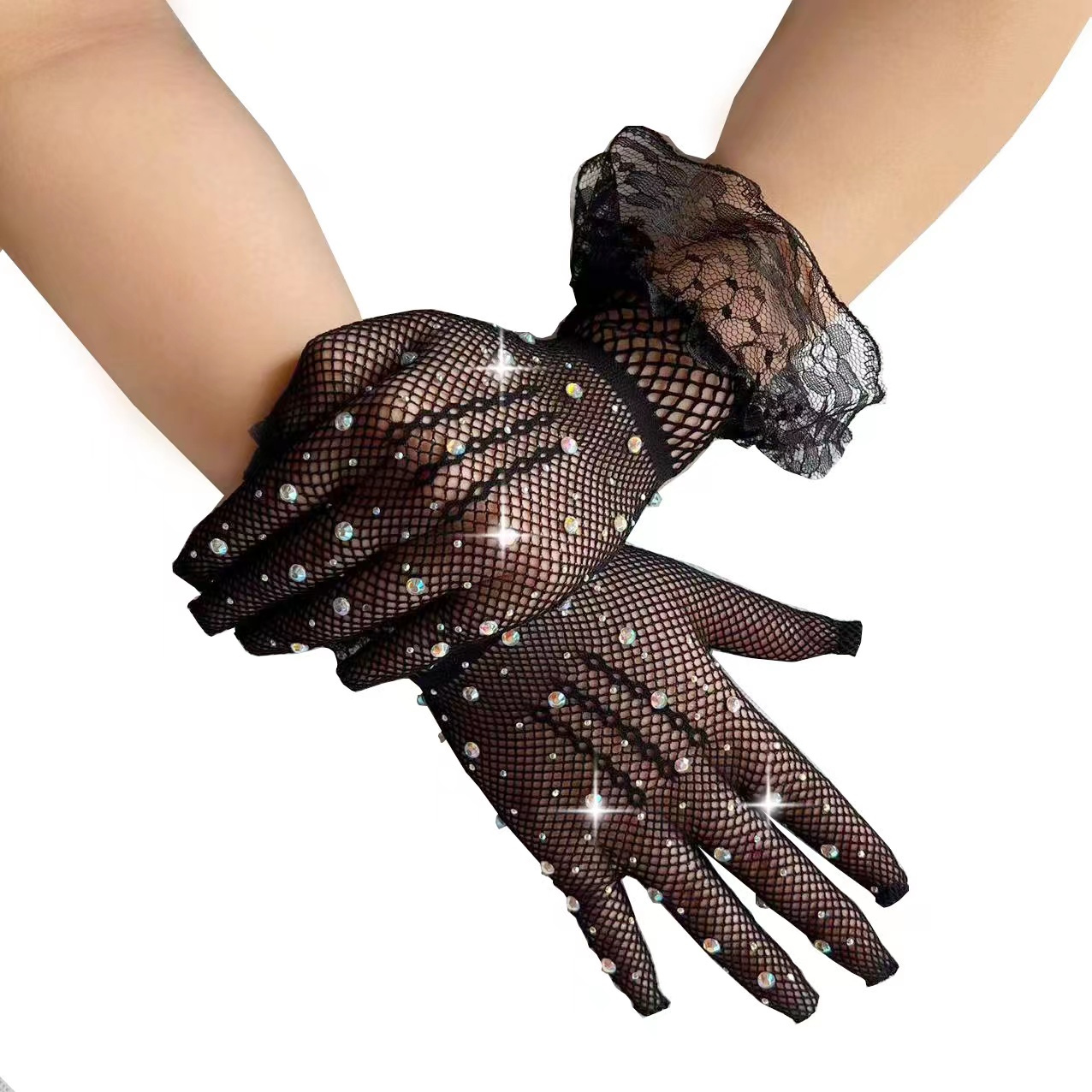 Imitation Diamond Fishing Net Gloves Short Black White - Temu