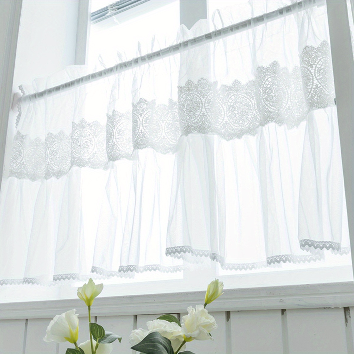 Image of 1pc Water-soluble Embroidery Thread Rod Short Curtain, French Country Modern Coffee Curtain, Balcony Decor Sill Partition Small Curtain