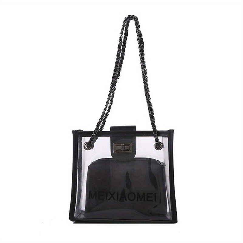 PVC Shoulder Tote Bag Black Fashionable, Clear Bag