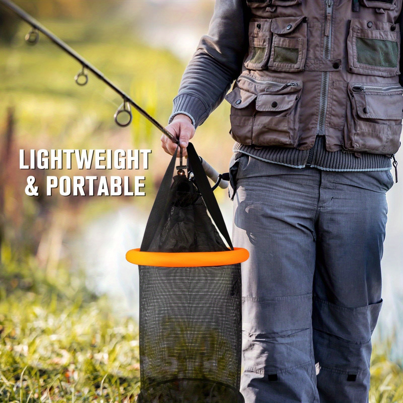 Portable Fishing Basket - Foldable Nylon-Mesh Net for Keeping Crayfish,  Minnows, Leaches & Other Live Baits