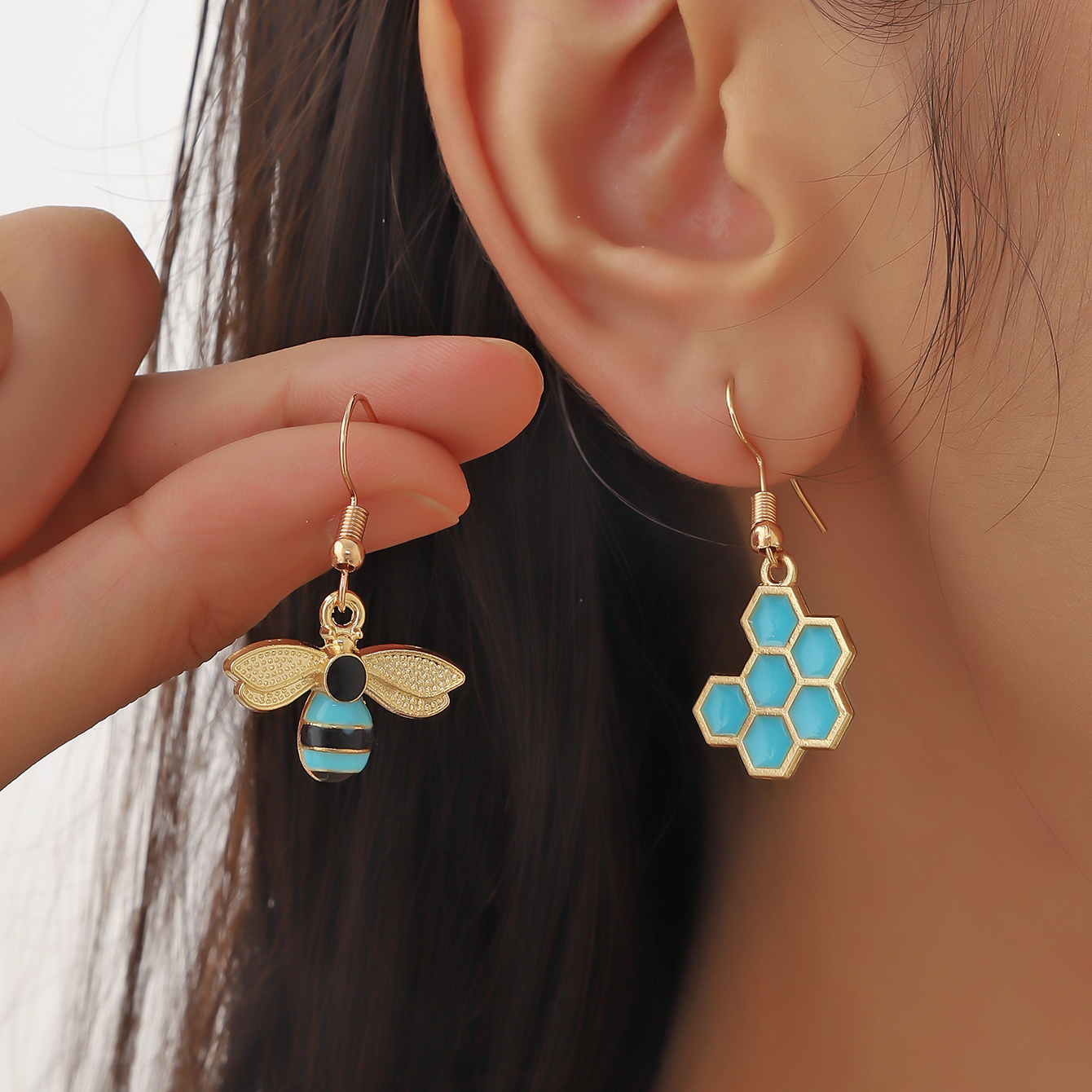 Bee & Honeycomb Decor Mismatched Drop Earrings