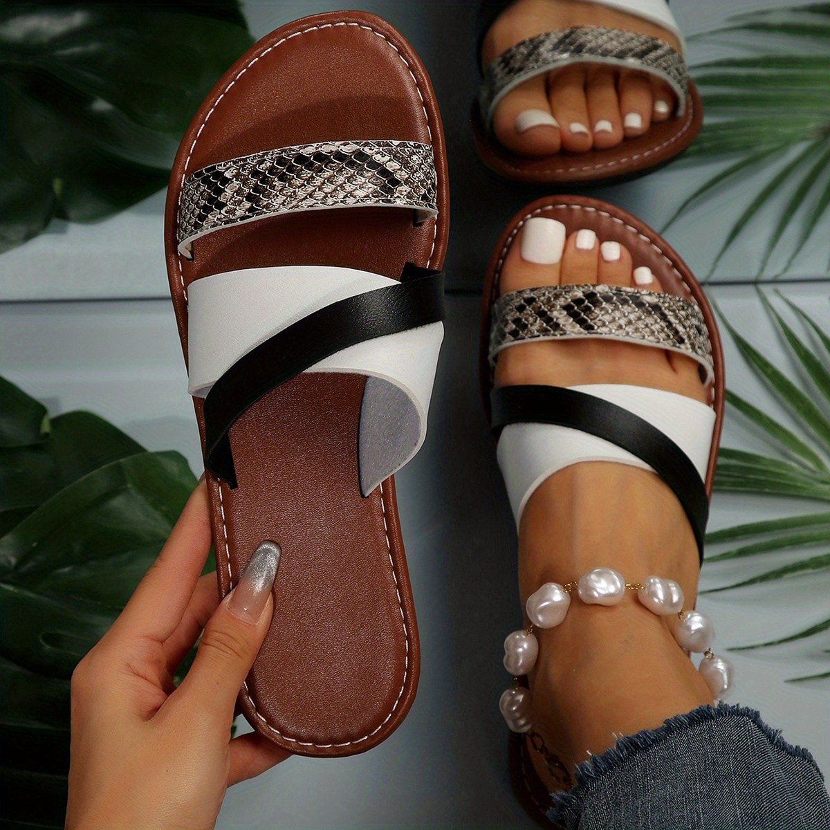 Snakeskin Pattern Cross Straps Slides, Open Toe Summer Flat Sandals,  Women's Footwear - Temu