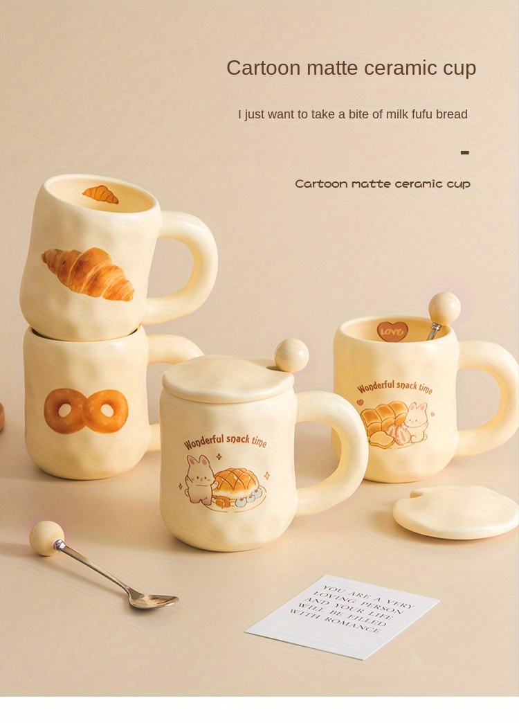 Cartoon Ceramic Mug with Lid Spoon Couple Breakfast Coffee Cup