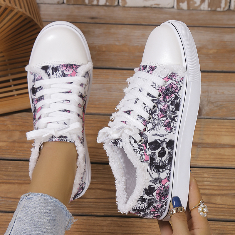 womens skull pattern canvas shoes low top round toe non slip raw trim lace up halloween shoes comfy outdoor shoes for music festival details 11