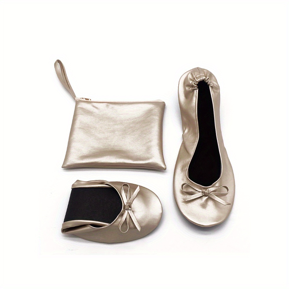 Image of Women's Portable Ballet Flats, Bowknot Rollable Soft Sole Wedding Flat Shoes, Comfy Dancing Flat Shoes With Purse Bag Elegant Women Shoes Shoes