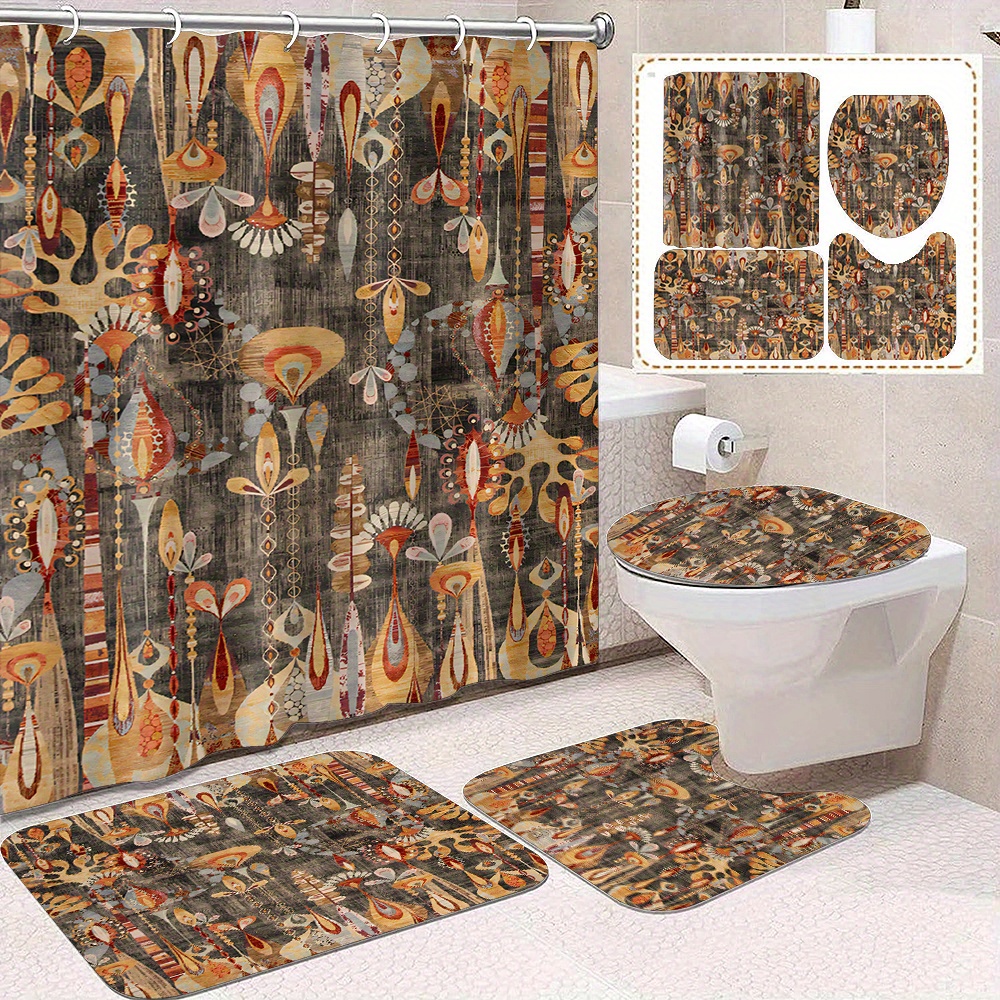 4pcs Bohemian Flower Bathroom Set, Waterproof Shower Curtain With 12 Hooks,  Non-Slip Bathroom Rug, Toilet U-Shape Mat, Toilet Lid Cover Pad, Aesthetic