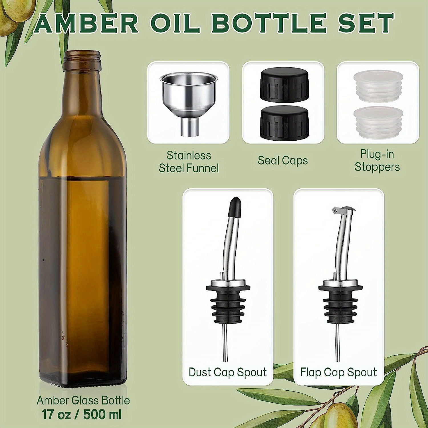 YULEER - Dispensador de botellas de aceite de oliva, paquete de 6 unidades  de 17 onzas/500 ml, dispensador de aceite y vinagre, botellas de aceite  para cocina con boquilla hermética y boquillas