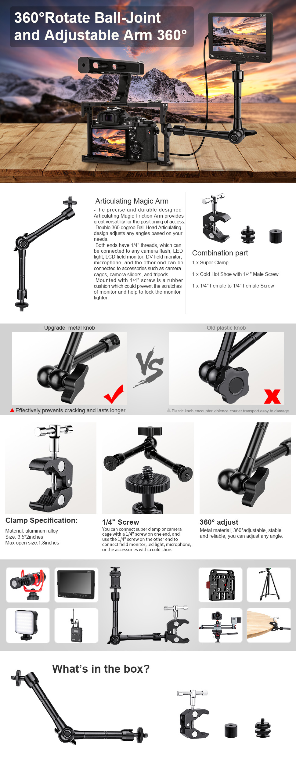 * 11 Inch Articulating Magic Arm + Super Clamp For DSLR Rig Camera To LCD  Monito, LED Video Light