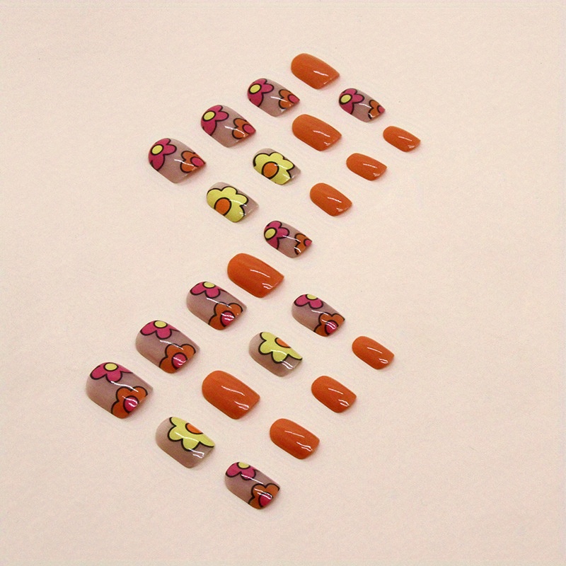 24pcs glossy short oval fake nails orange press on nails with cute colorful flower design full cover false nails for women girls daily wear for easter details 2