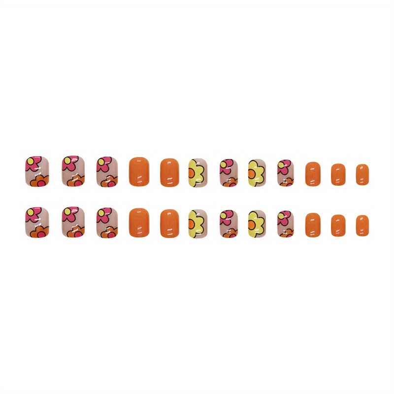 24pcs glossy short oval fake nails orange press on nails with cute colorful flower design full cover false nails for women girls daily wear for easter details 3