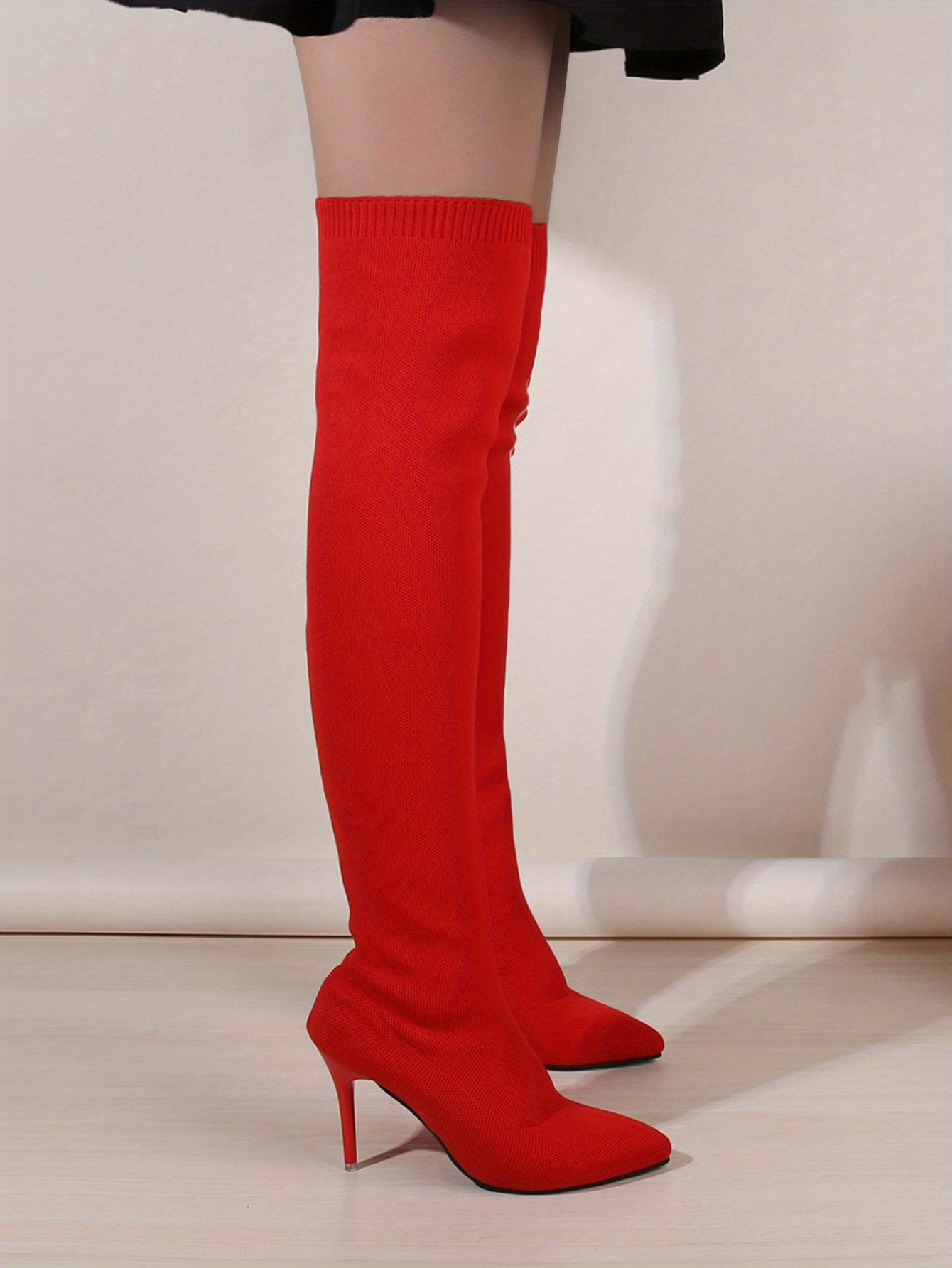 Womens Knit Knee Boots Solid Color Stretchy Pull Stilettos Temu Australia 7111