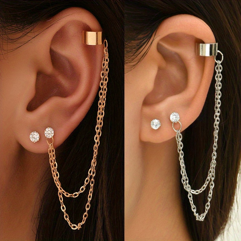 Long Chain Design Shiny Rhinestone Decor Ear Cuff One-piece Earrings  Elegant Simple Style Alloy Jewelry Delicate Female Gift