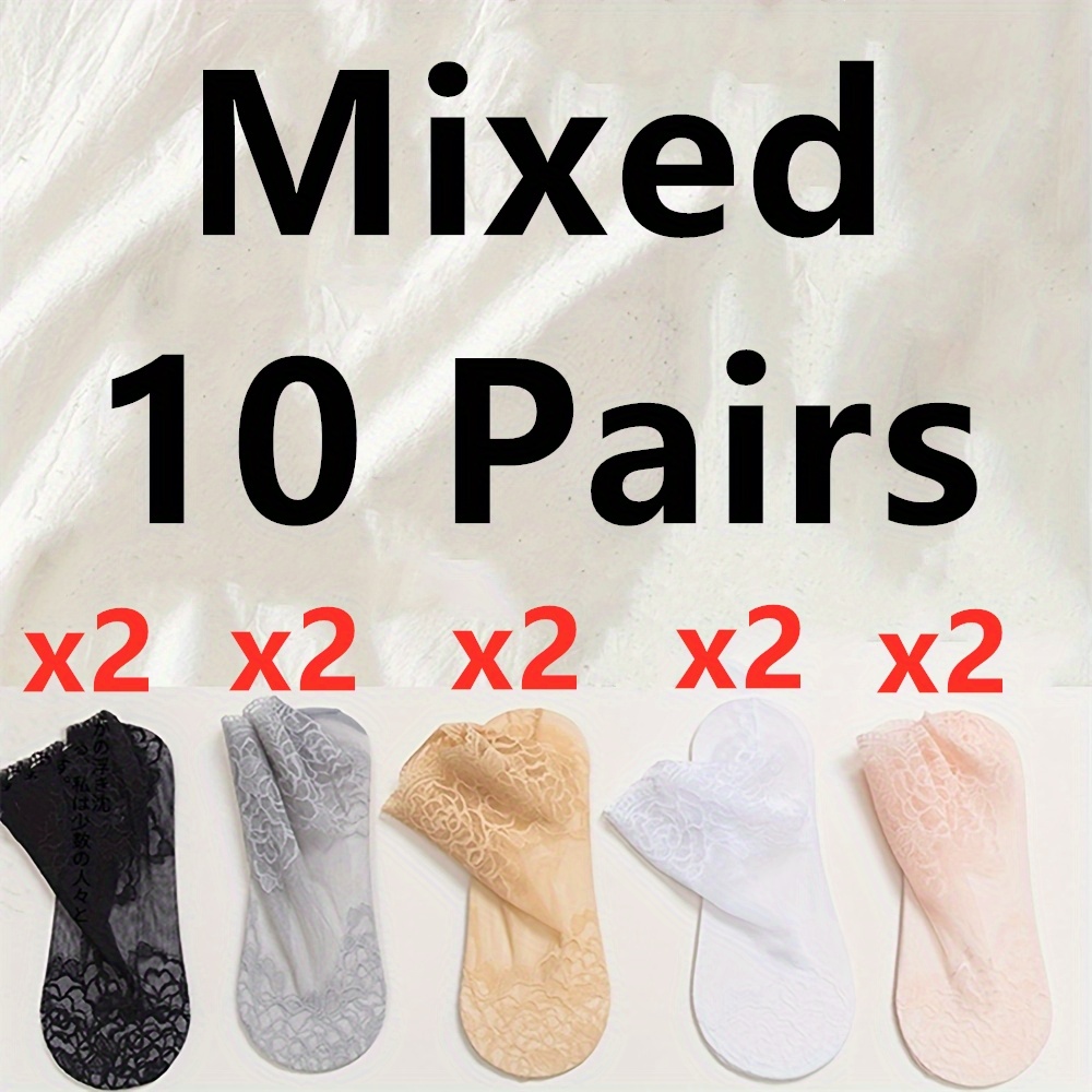 10 Pairs Women No Show Lace Boat Socks Non Slip Ankle Socks Low