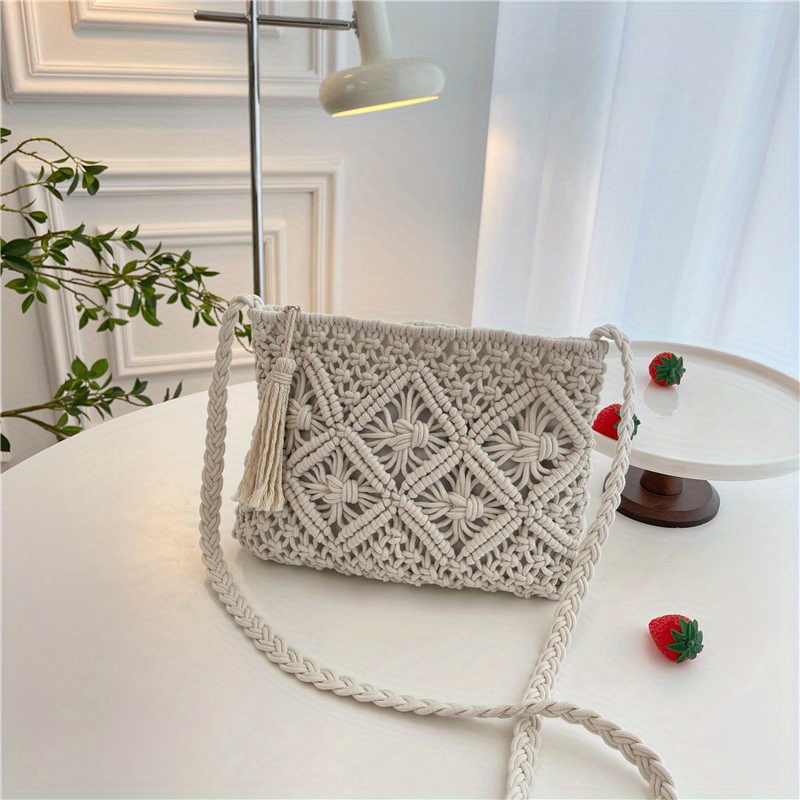 Casual Boho Straw Bag Solid Hollow Woven Square Bag Crossbody Purse