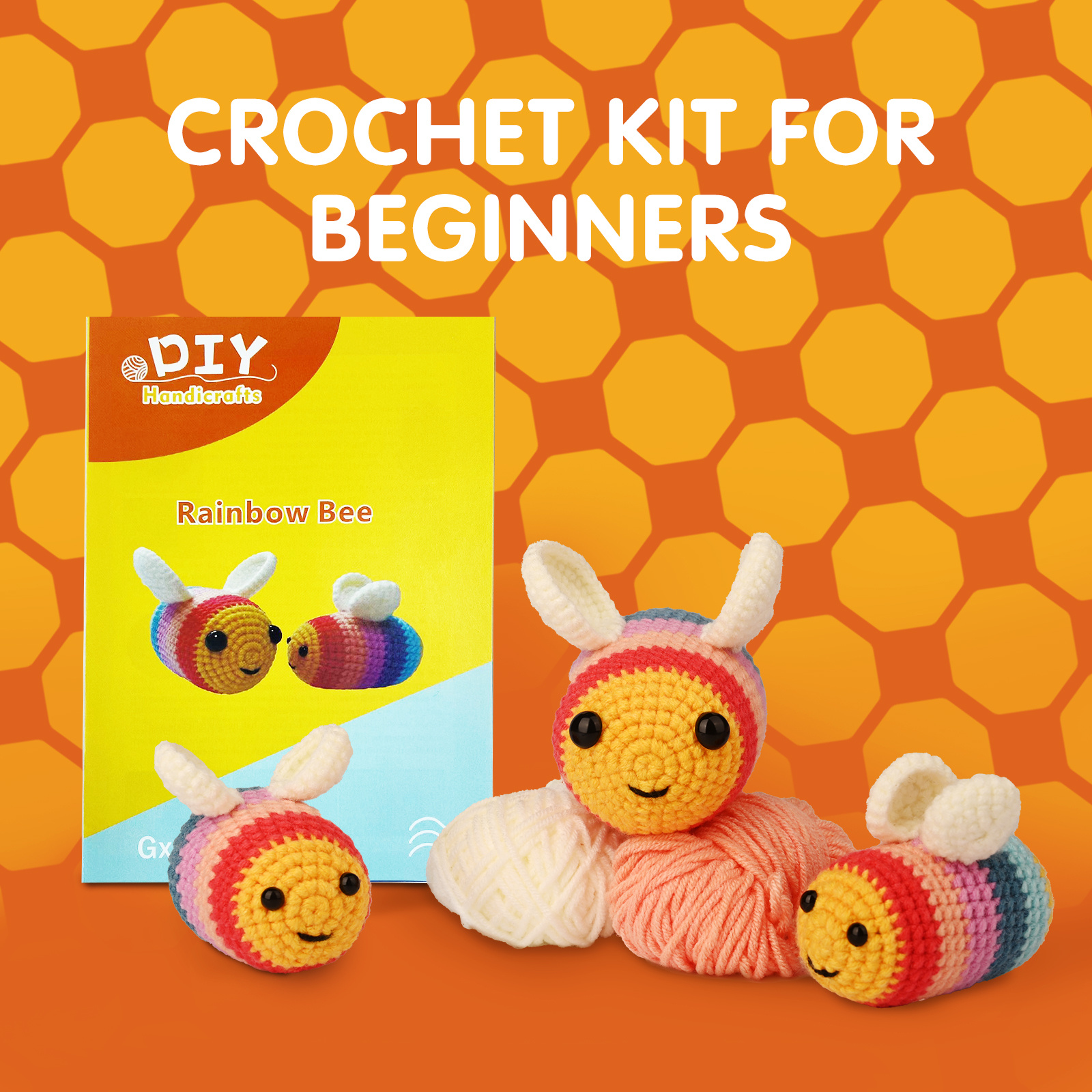 Maziky Beginners Crochet Kit for Adults Cute Bee Crochet Starter Kit with Step-by-Step Video Tutorials Learn to Crochet (1PBees, Gold)