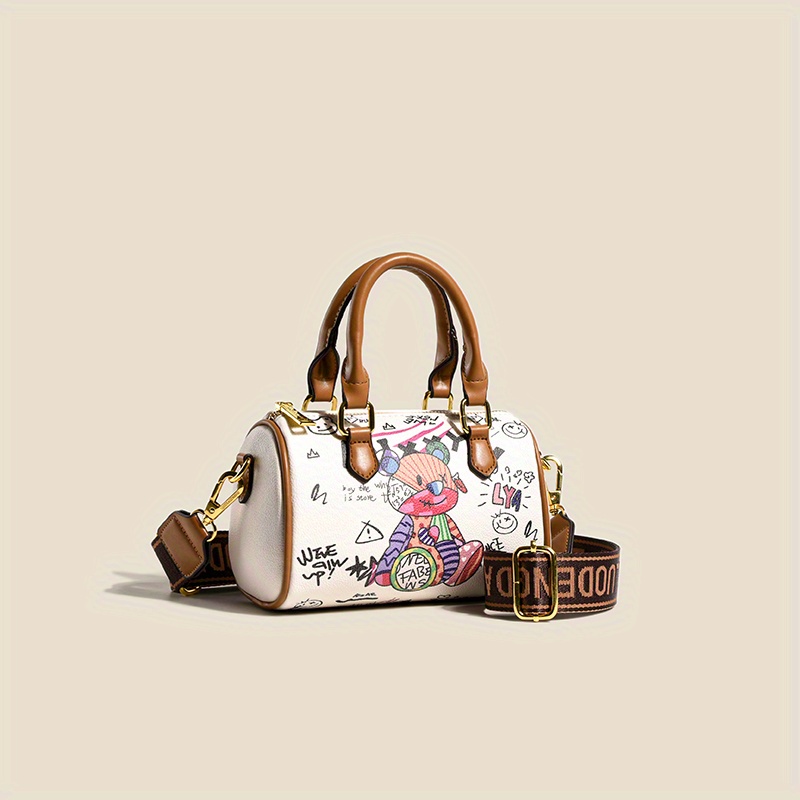 Cartoon Graffiti Women Bags 2023 Luxury Designer Handbag Famous Brand Bear  Printed Leather Shoulder Bag Travel Tote Big Purses
