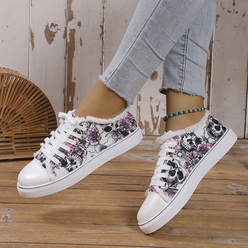 womens skull pattern canvas shoes low top round toe non slip raw trim lace up halloween shoes comfy outdoor shoes for music festival details 10