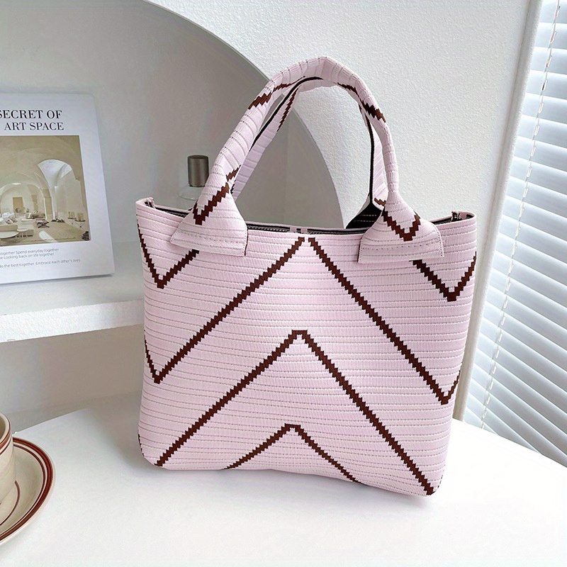 Chevron Stripes Pattern Tote Bag, Women Knitted Shoulder Bag, Aesthetic  Handbag For Shopping & Commuting - Temu