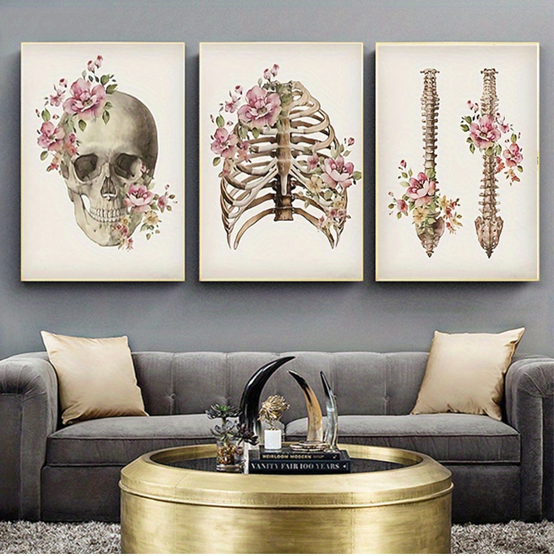 3 pezzi HD stampati con anatomia del cranio floreale su tela pittura  decorativa, immagini creative stampa