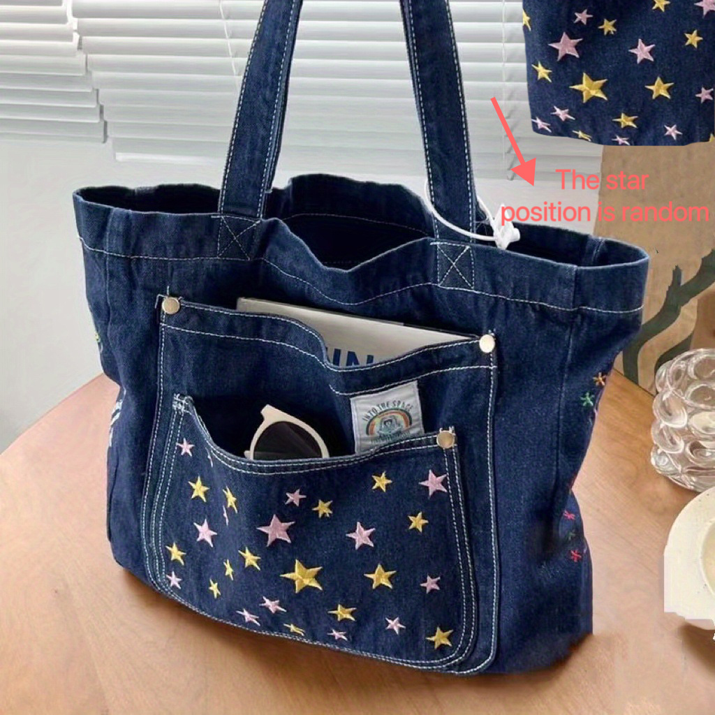 Women Denim Shoulder Bag Y2k Embroidered Tote Bag with Fringe Star