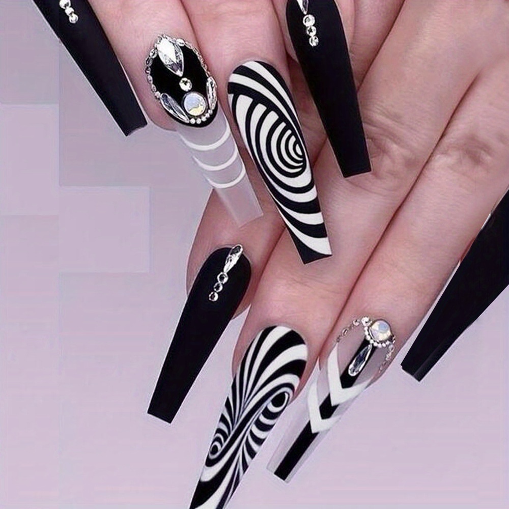 Black White Swirl Fake Nails, Luxury Shining Rhinestone Press On Nails