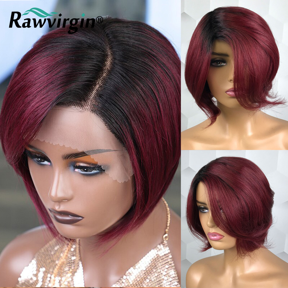 Red Ombre Short Bob Straight Synthetic None Lace Hair Wigs Dark Roots Left  Part for Women Black & Burgundy(#1B/99J)