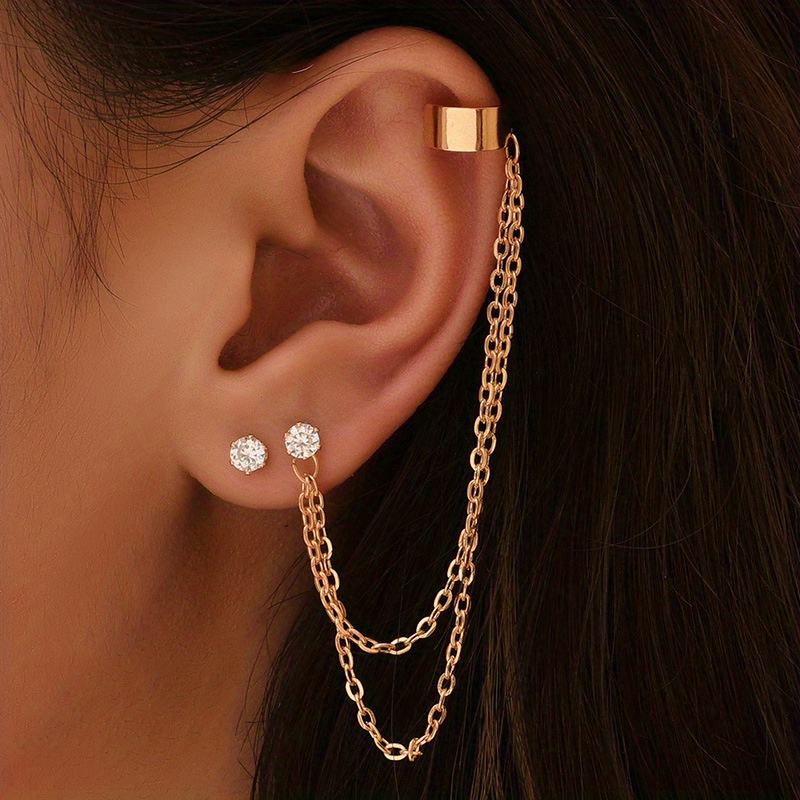 Long Chain Design Shiny Rhinestone Decor Ear Cuff - Temu