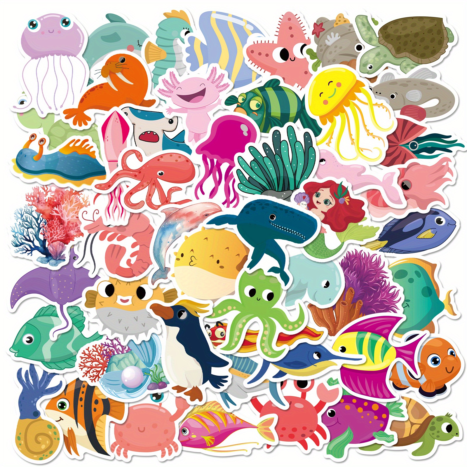 Image of 50/100pcs Of New Mixed Stickers Featuring Cute Underwater Creatures Like Turtles, Jellyfish, , And Sharks, Suitable For Decorating Phone Cases, Notebooks, And Water Bottles