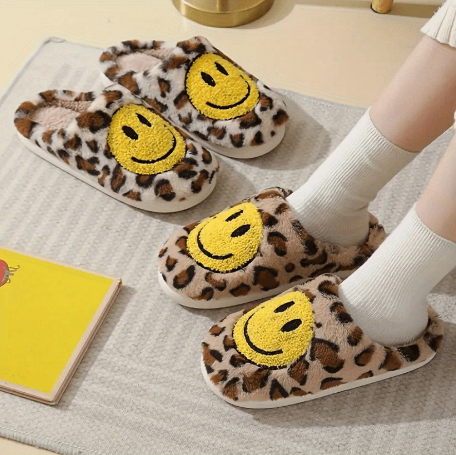 Women's Smile Face Fuzzy Slippers, Cozy Leopard Print Plush Home Shoes ...