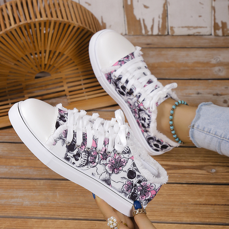 womens skull pattern canvas shoes low top round toe non slip raw trim lace up halloween shoes comfy outdoor shoes for music festival details 7