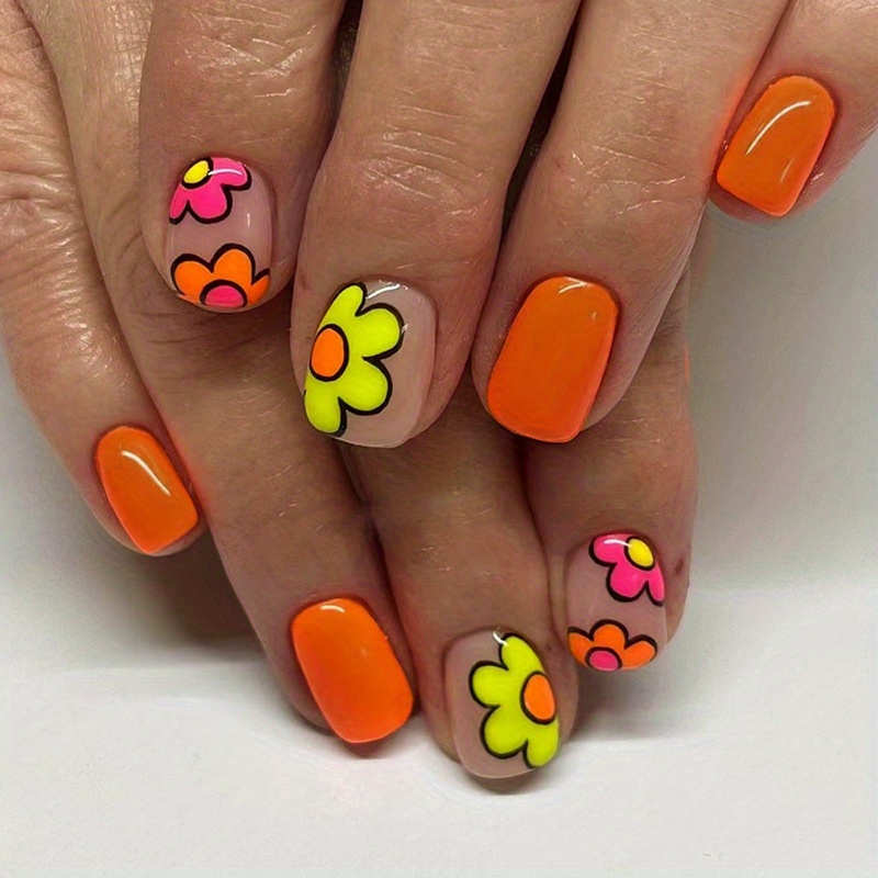 24pcs glossy short oval fake nails orange press on nails with cute colorful flower design full cover false nails for women girls daily wear for easter details 0