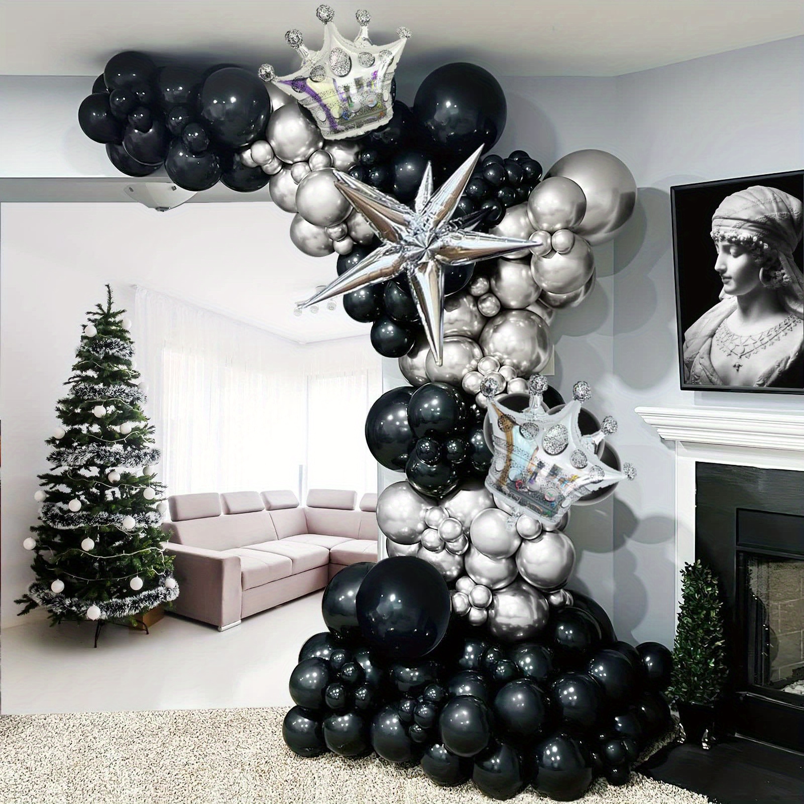 Black and White silver Balloon garland arch kit 145Pcs With Chrome Silver  Crown agate grey balloons for 30th Birthday Party Graduation Retirement