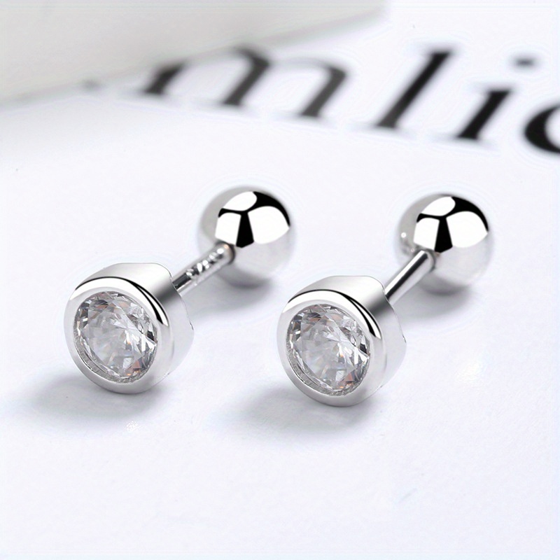 

S925 Sterling Silver Cubic Zirconia Decor Round Bead Stud Earrings, Minimalist Screw Ear Bone Stud For Girls, For Gifts