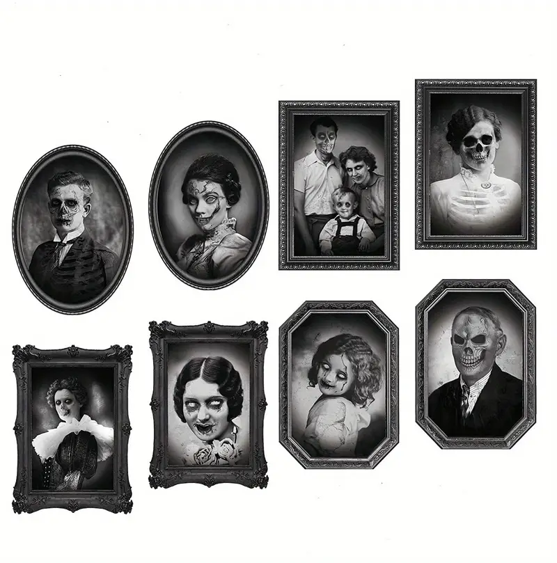 8pcs halloween pictures decor wall decoration indoor creepy 3d changing face scary moving portrait picture decor haunted house home decoration fall halloween home decor details 6