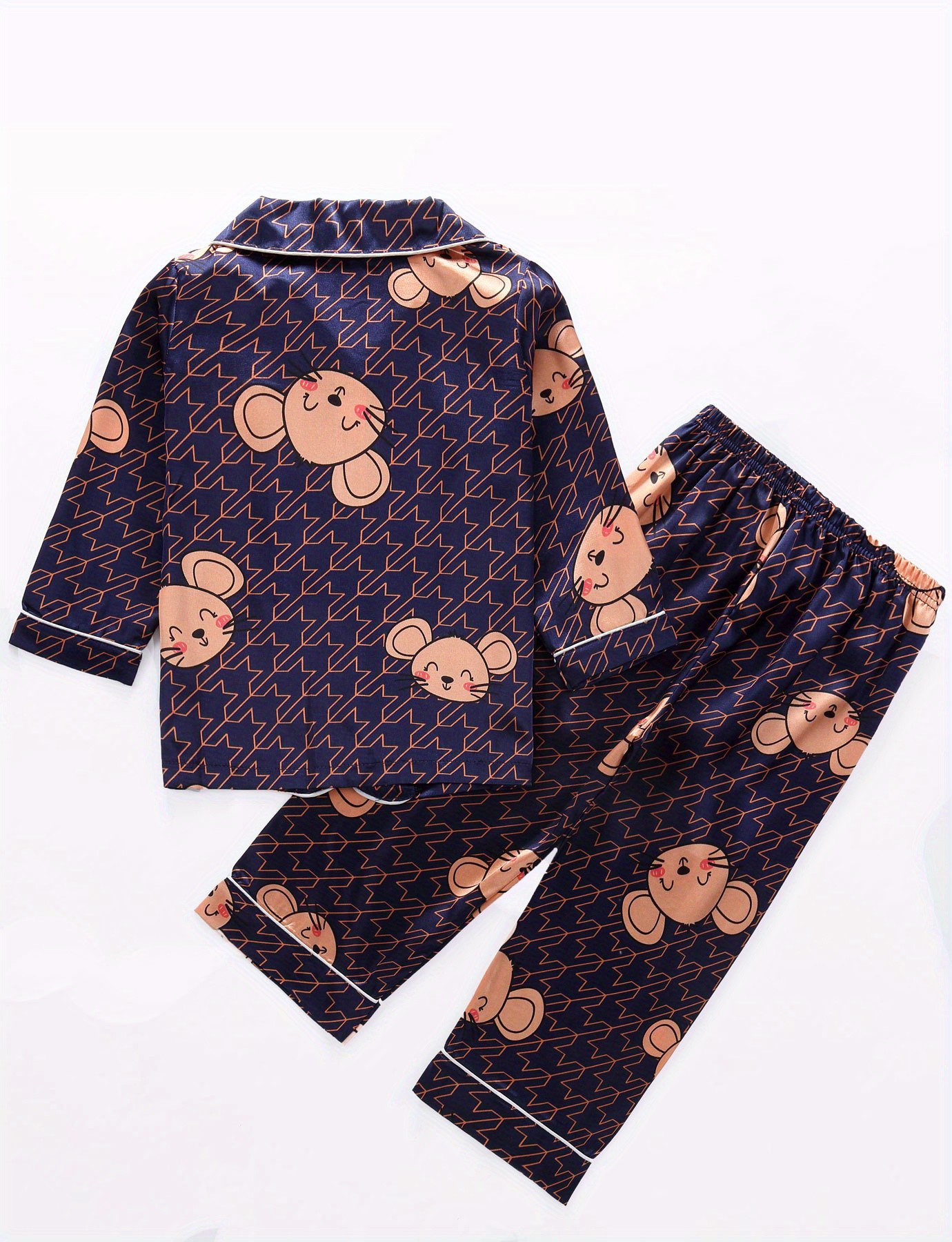 Cartoon Pattern Kid's Satin Pajamas, Button Front Top & Pants Set